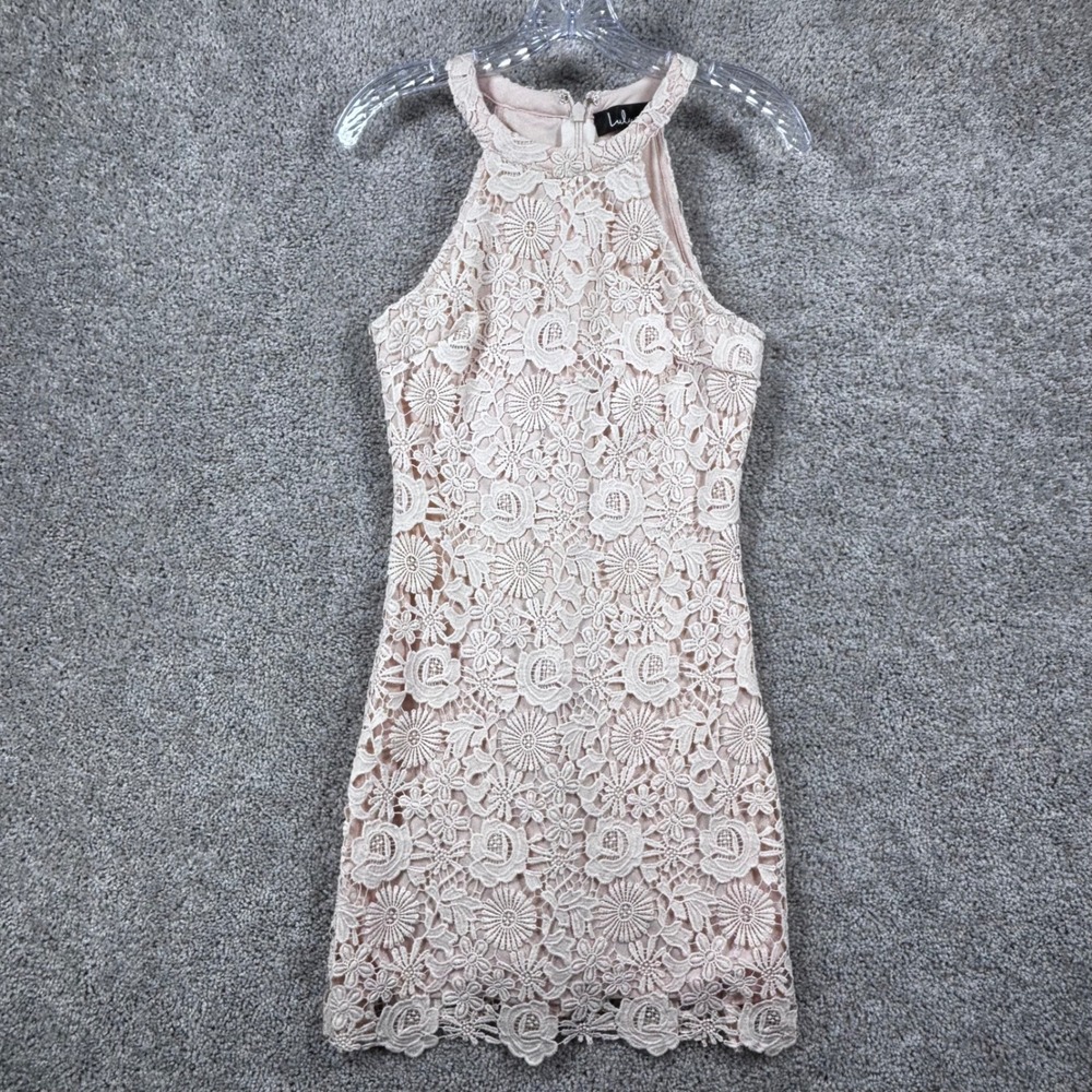 Lulus Womens Blush Pink Floral Lace High Neck Halter Mini Dress Size M Cocktail‎